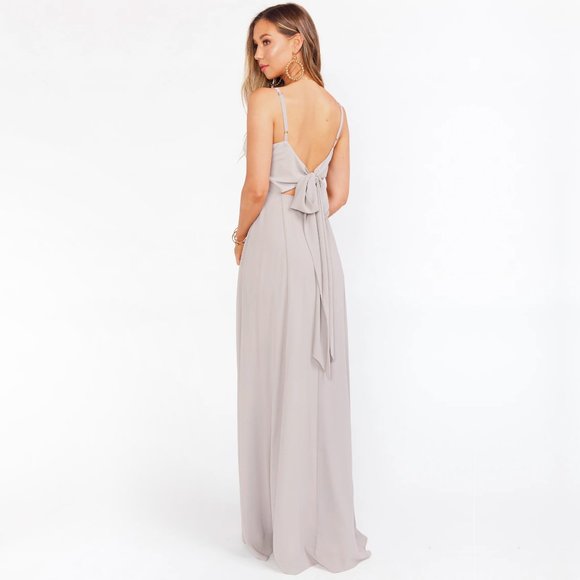Show Me Your Mumu Lauren Tie Back Dove Grey Chiffon Bridesmaid Maxi Dress - Picture 8 of 16